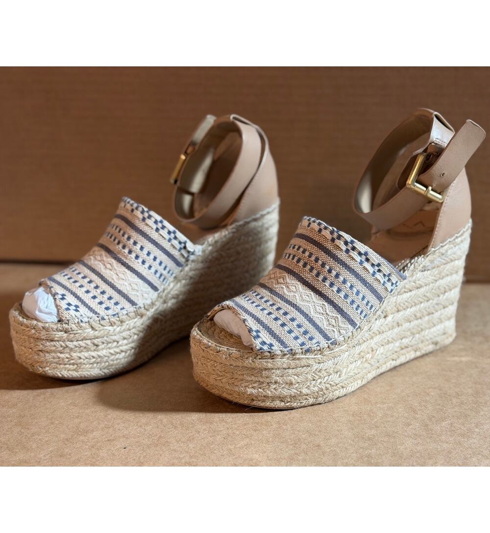 Marc Fisher Beige and Navy Striped Espadrille Wedge Sandals